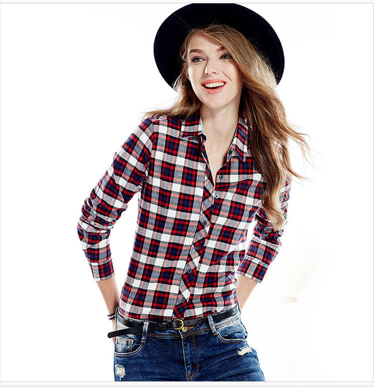 Slim Plaid Long Sleeves Turn-down Collar Shirt Blouse