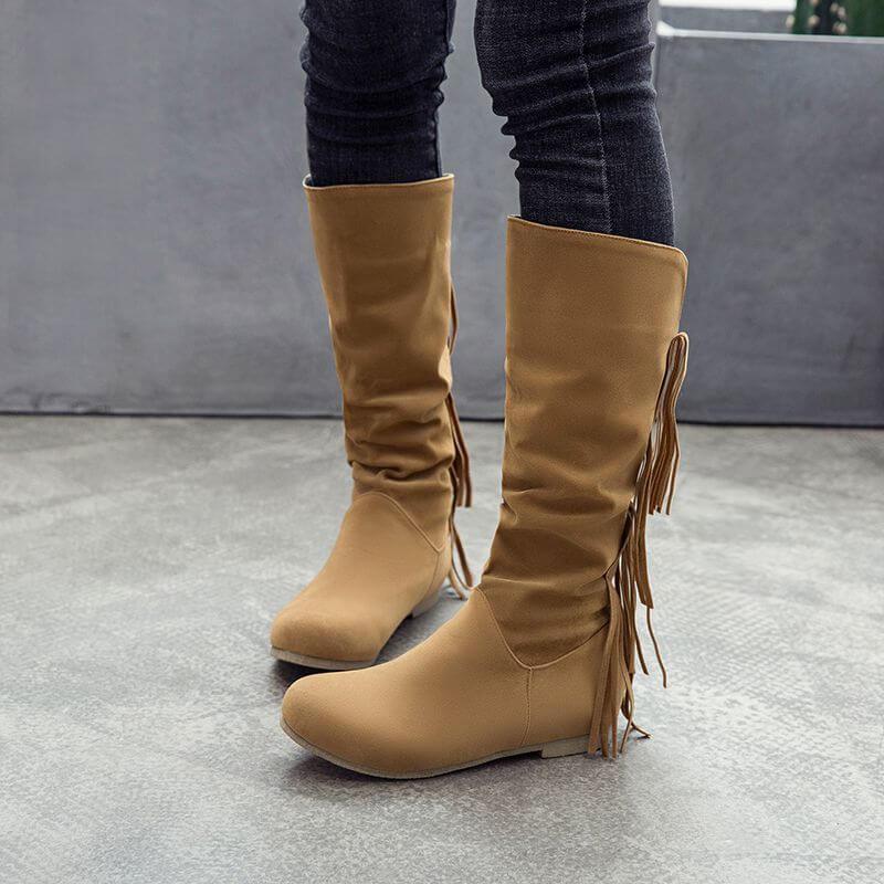 Suede Fringe Knee High Round Toe Boots
