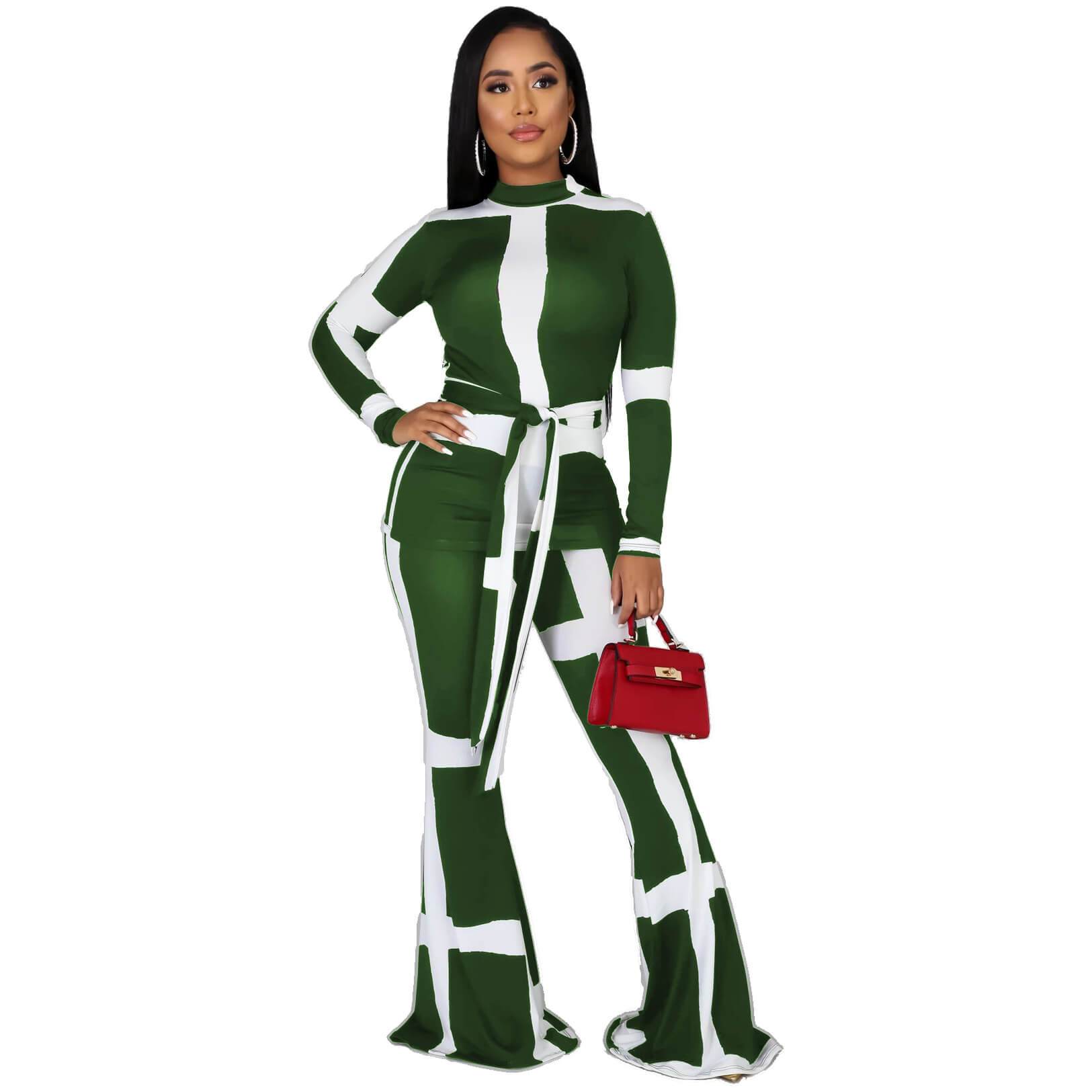 Patchwork Crop Top High Waist Bell Bottom Pants Set
