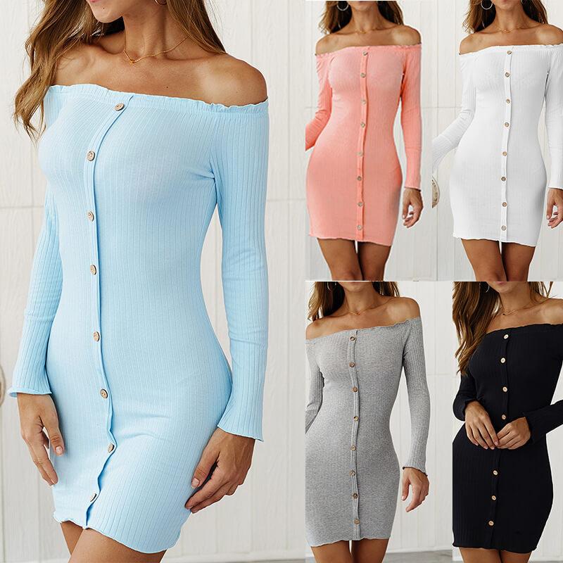 Off Shoulder Long Sleeve Backless Pure Color Short Dress
