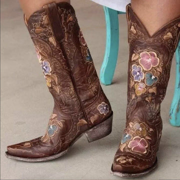 Pointed Toe Slip-On Floral Western Thread Boots