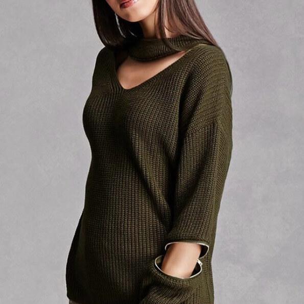 Pure Color Hole Long Sleeves V-neck Zipper Sweater