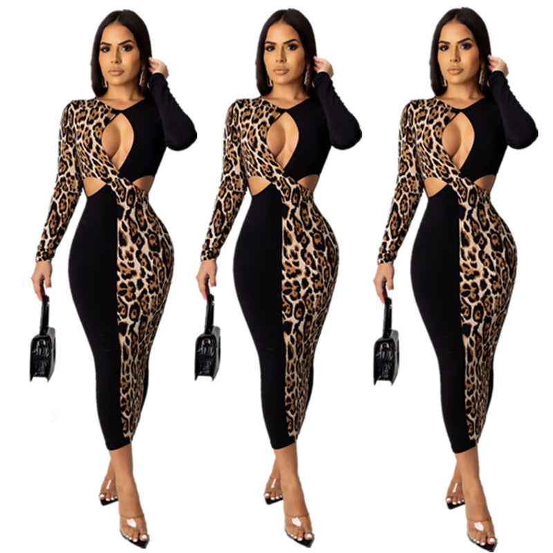 Long Sleeve Leopard Cut-out Stitching Dress