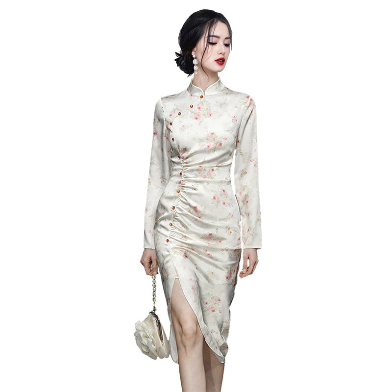 Chinese-Inspired Stand Collar Qipao-Style Printed Dress