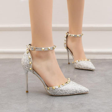 High Heel Shallow Pointed Hollow Out Rivet Slotted Sandals