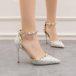 High Heel Shallow Pointed Hollow Out Rivet Slotted Sandals