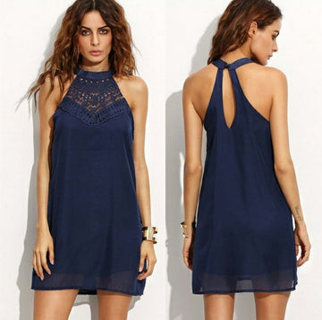 Pure Color Bear Shoulder Loose Lace Short Dress
