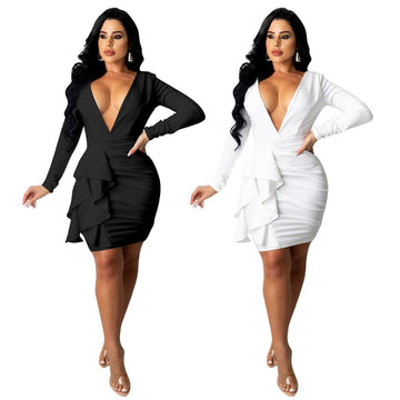 Long Sleeve V-neck Pleated Backless Party Dress