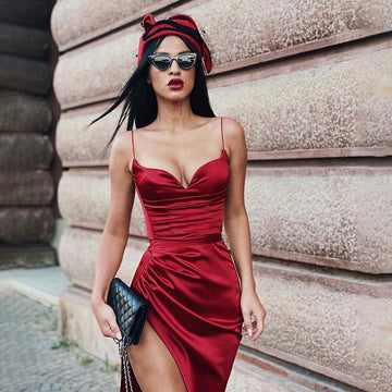 Peach Neckline Drawstring Pleated Split Dress