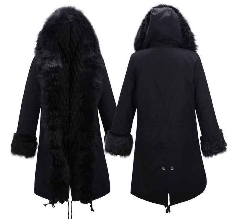 Zipper Hooded Faux Fur Cuff Long Cotton Coat