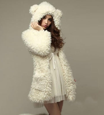 Free Shipping White Bear Ear Shape Hood Lambswool Coat/Hoodies