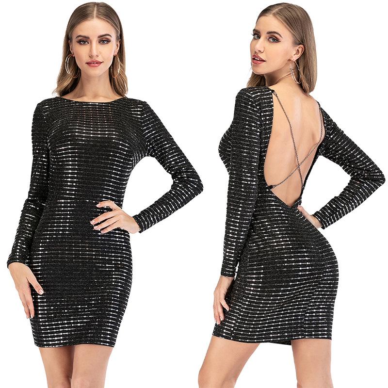 Long Sleeve Blackless Sequin Party Dress