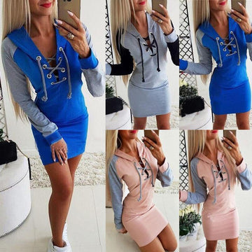 Long Sleeve V-Neck Wrap Hip Hoodie Dress