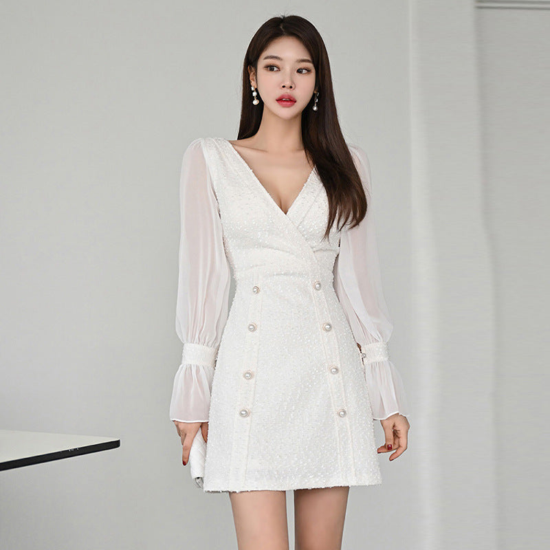 V-Neck Patchwork Flared Sleeve A-line Dress