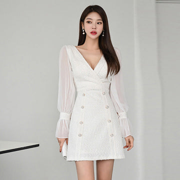 V-Neck Patchwork Flared Sleeve A-line Dress