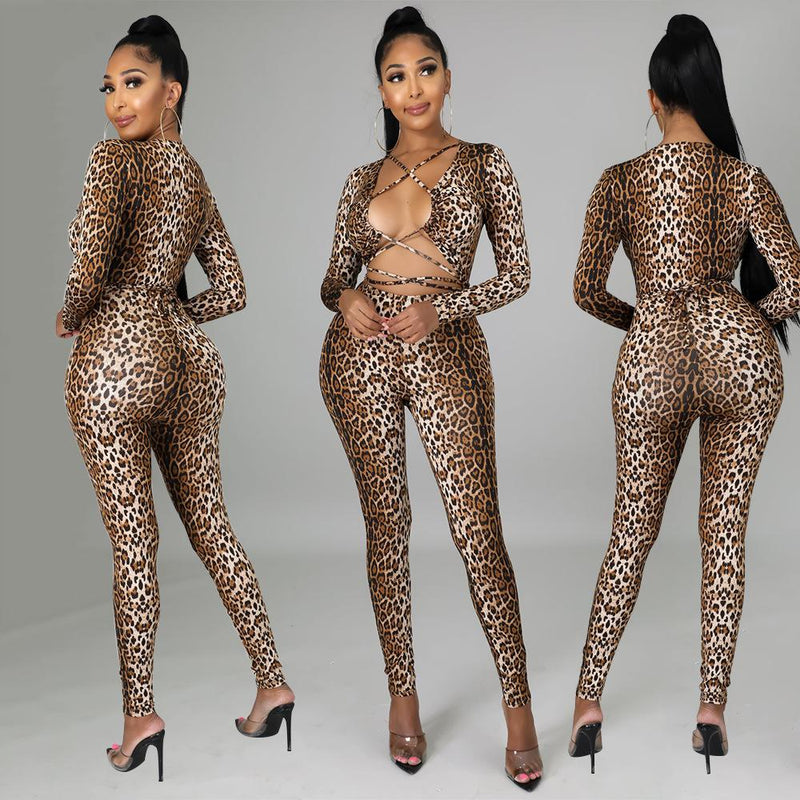 Fashion Sexy Tight Leopard Long Sleeve Pants BODYSUIT