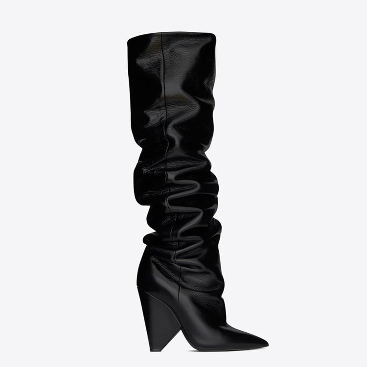 Pleated Long Tube Shaped Heel Pointed Boots