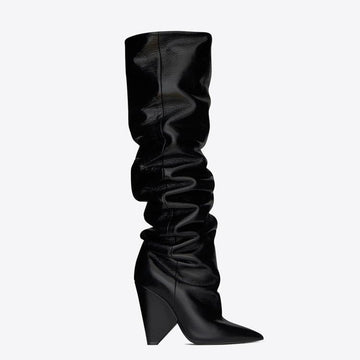 Pleated Long Tube Shaped Heel Pointed Boots
