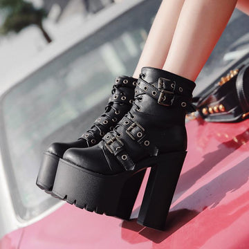 Nightclub Thick Bottom High Heel Waterproof Platform Belt Buckle Martin Boots