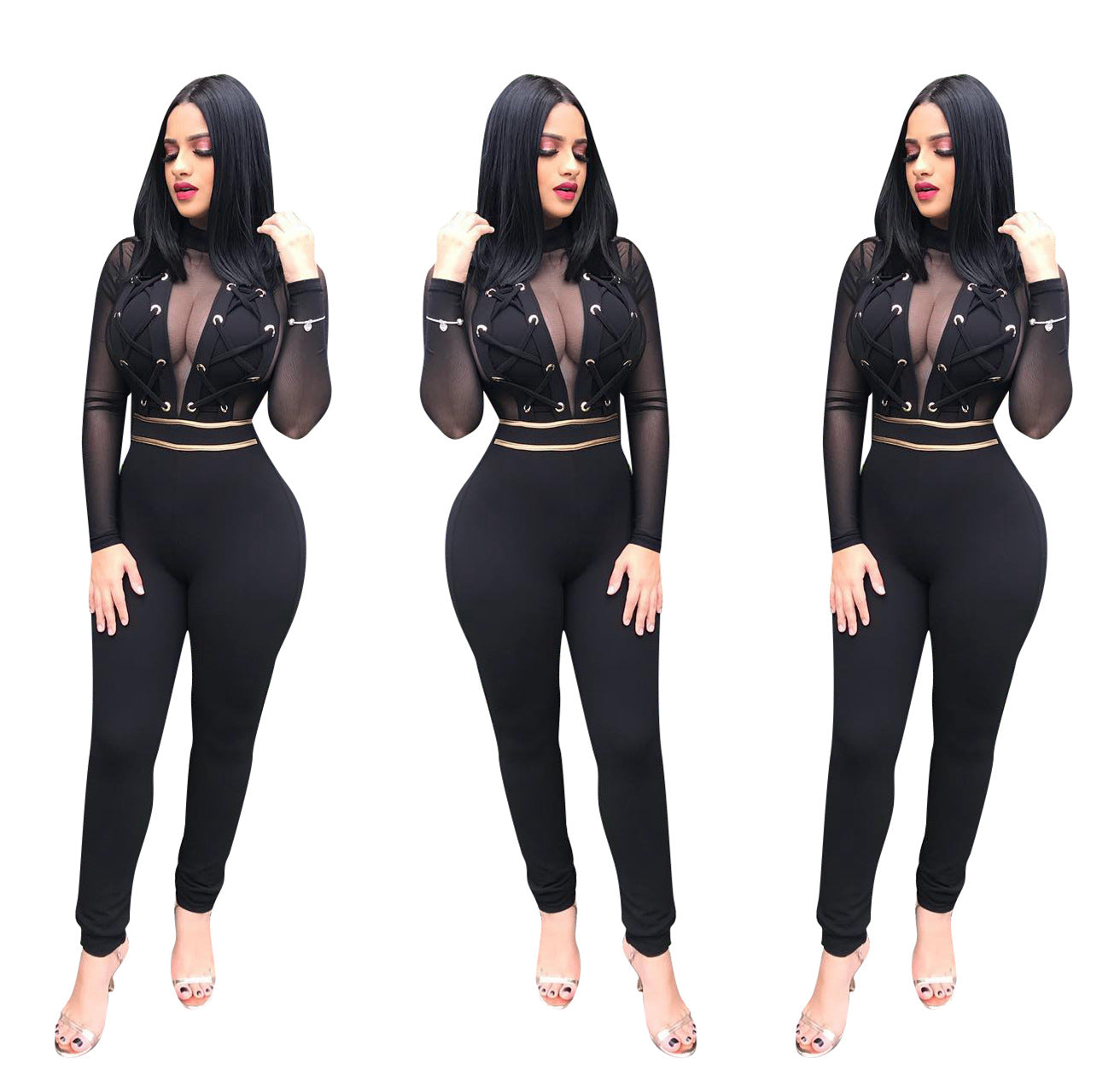Transparent Lace Long Sleeves High Waist Long Jumpsuits