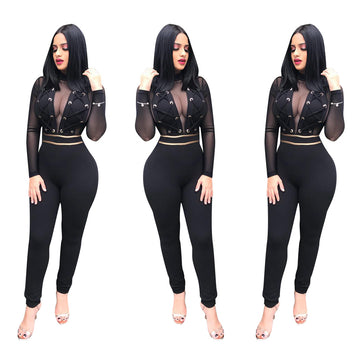 Transparent Lace Long Sleeves High Waist Long Jumpsuits
