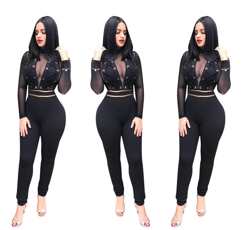 Transparent Lace Long Sleeves High Waist Long Jumpsuits