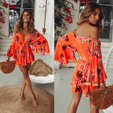 Off Shoulder Long Trumpet Sleeves Print Short Dress