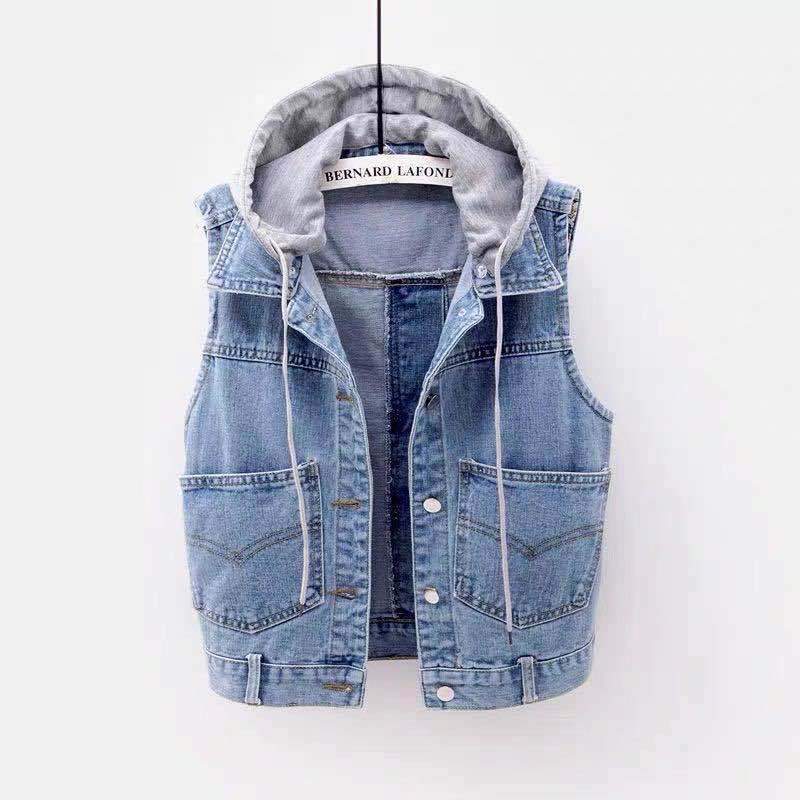 Spring And Autumn New Sleeveless Slim Hooded Denim Jacket