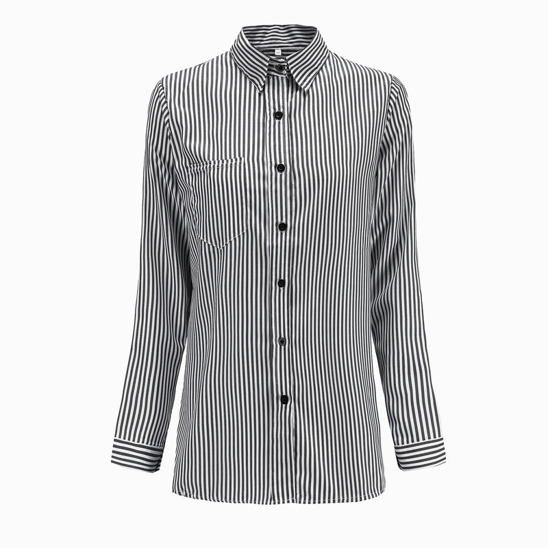 Striped Turn-down Collar Long Sleeves Casual Plus Size Blouse