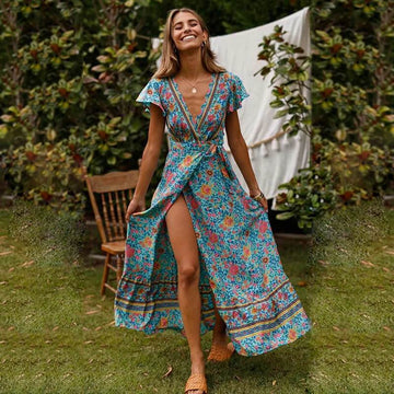 Deep V-neck Short Sleeves Print Split Long Dress