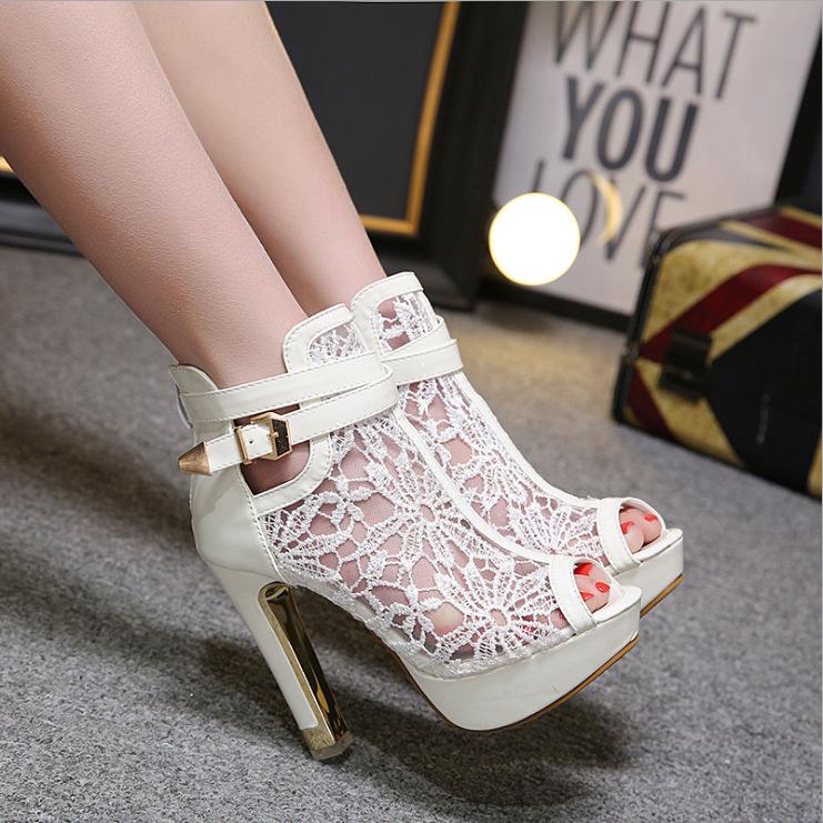 Peep-Toe Lace Mesh High Heel Sandals