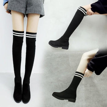 College Style Suede Round Head Color Blocking Knitted Boots