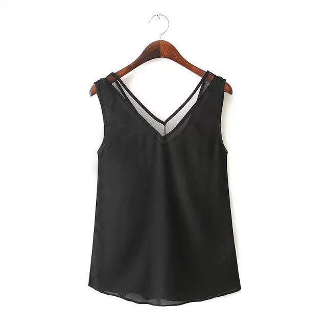V-neck Sleeveless Gauze Patchwork Chiffon Sexy Blouse