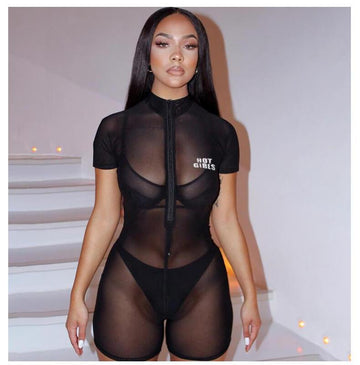 Lace Hollow Out Long Sleeve High Neck Short Jumpsuit