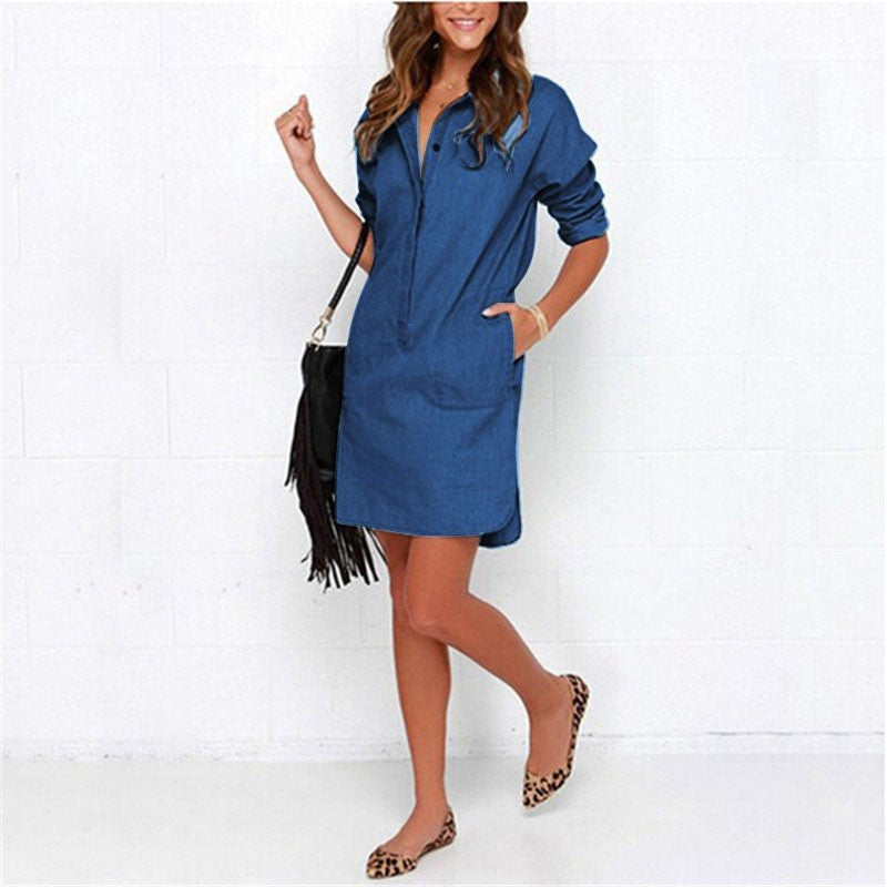 Side Split Turn Down Collar Cowboy Denim Dress