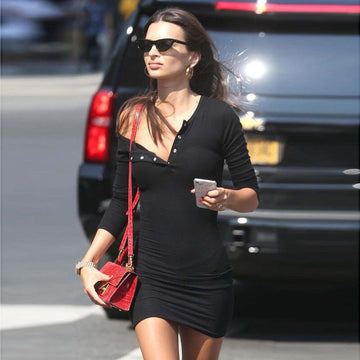 Slant Shoulder Slim Button Dress