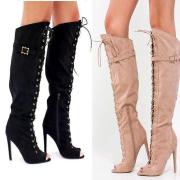 Peep Toe Lace Up Suede Zipper knee High Boots