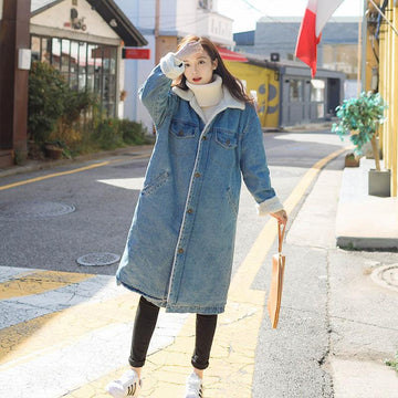 Autumn And Winter Loose Lapel Denim Thickened Cotton Coat