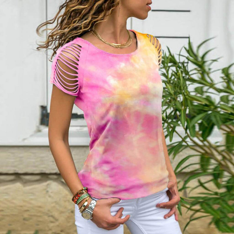 Summer Tie Dye Short Sleeve Cutout Loose T-shirts