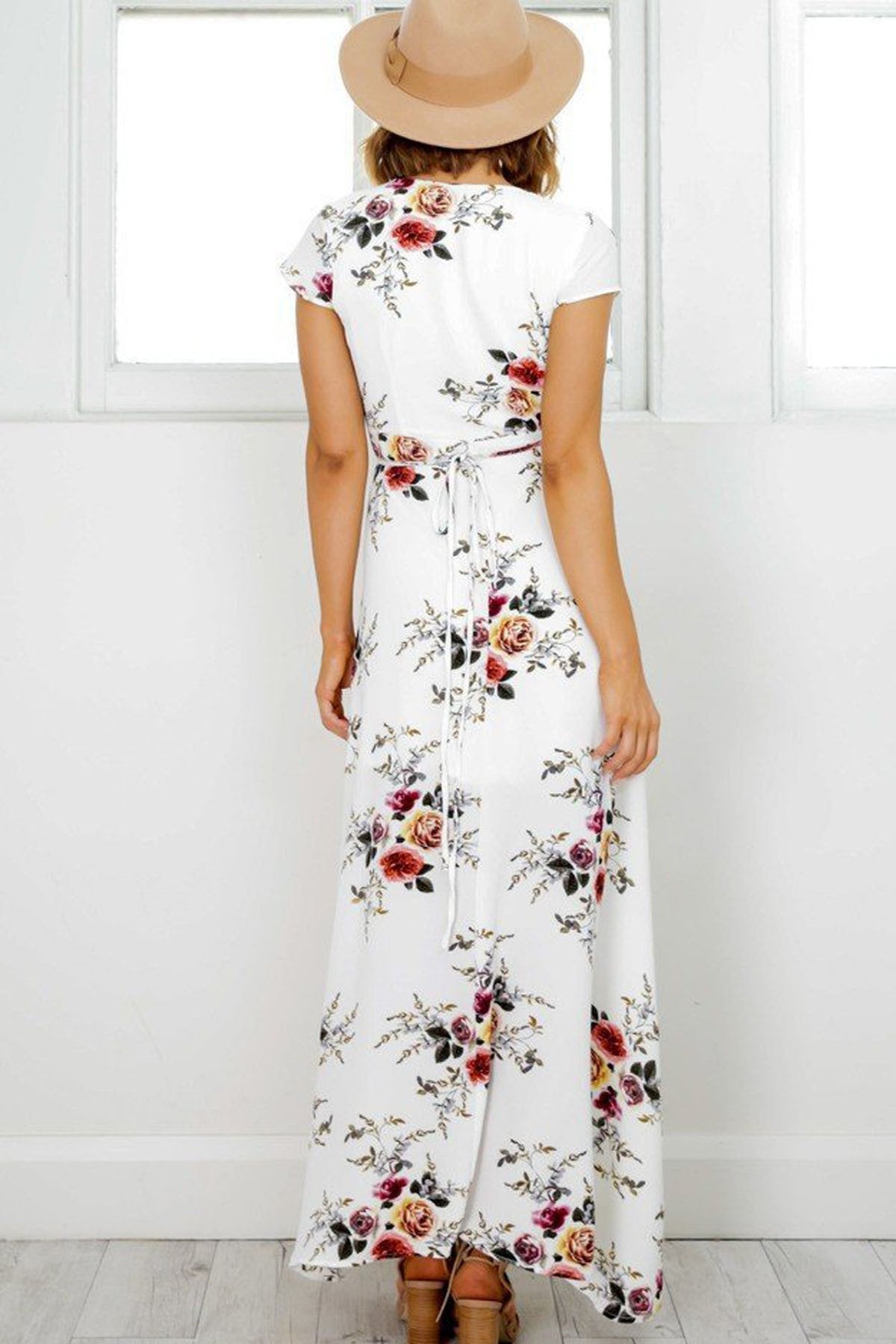 V-neck Flower Print Irregular Long Dress 