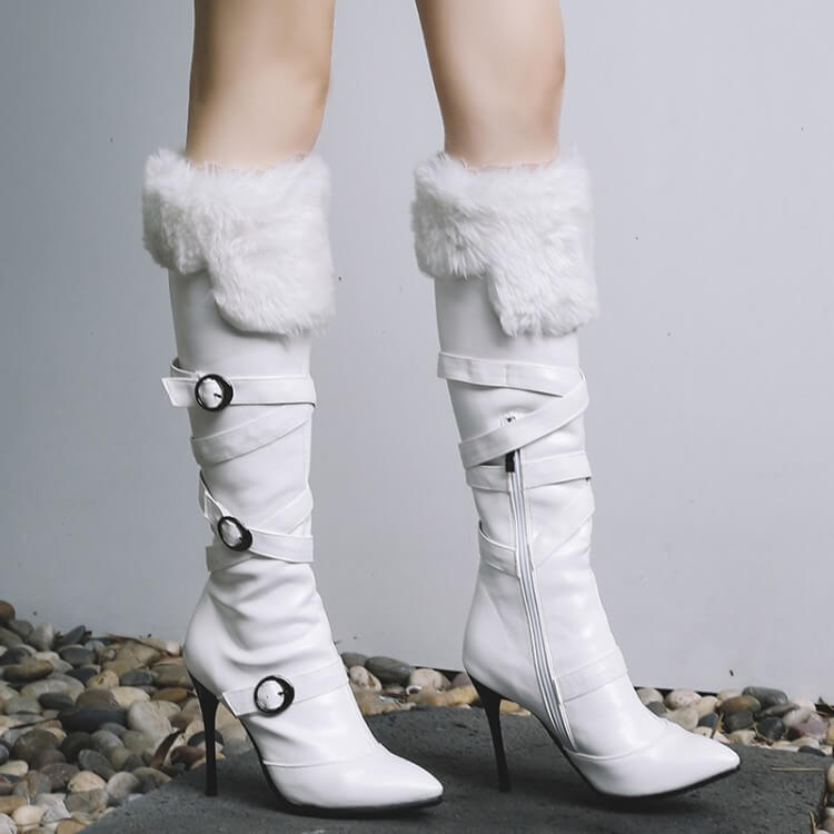 PU Fur Plain Pointed Toe Knee High Boots