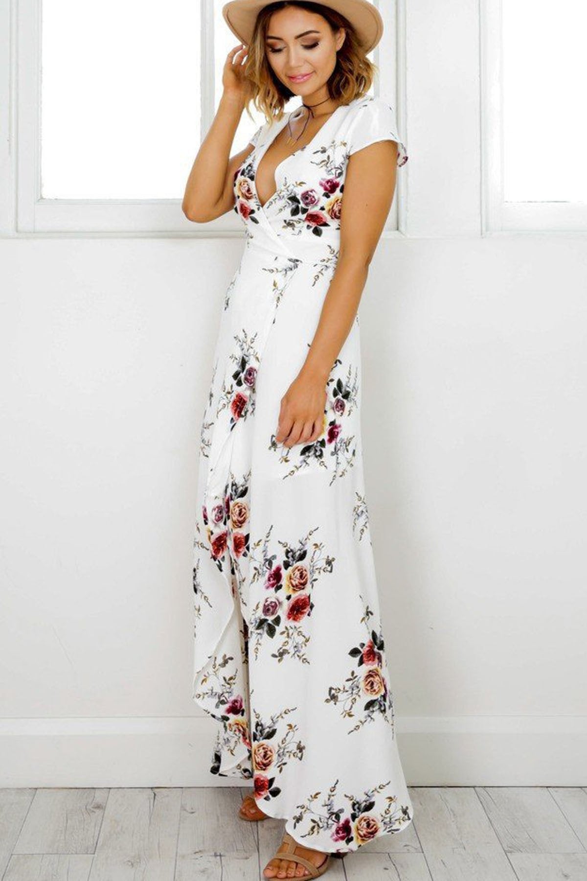 V-neck Flower Print Irregular Long Dress 