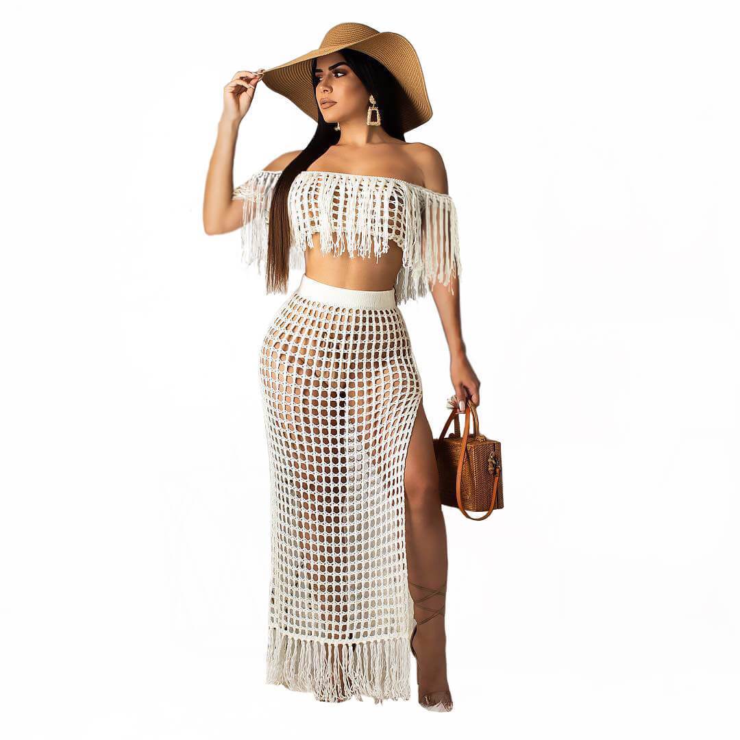 Tassel Off Shoulder Crop Top Irregular MAXI Skirt Set