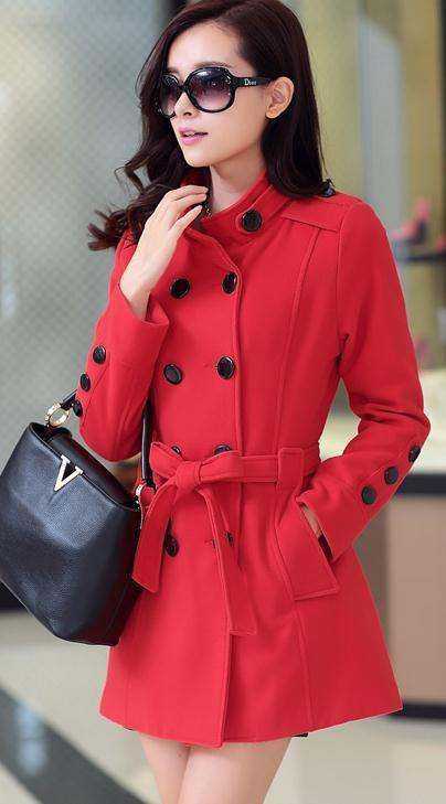 Stand Collar Double Button Belt Slim Plus Size Woolen Coat - Meet Yours Fashion - 6