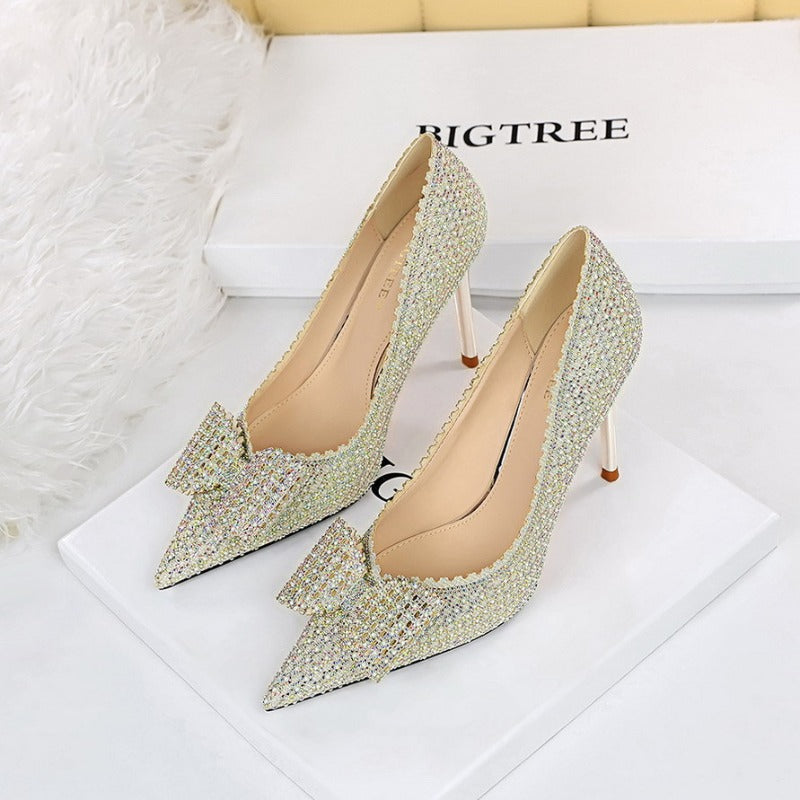 Sparkling Rhinestone Bow Sweet and Elegant High Heel Princess Shoes