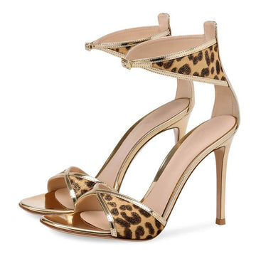 Summer Leopard Open Toe Leather Stiletto Heel Sandals
