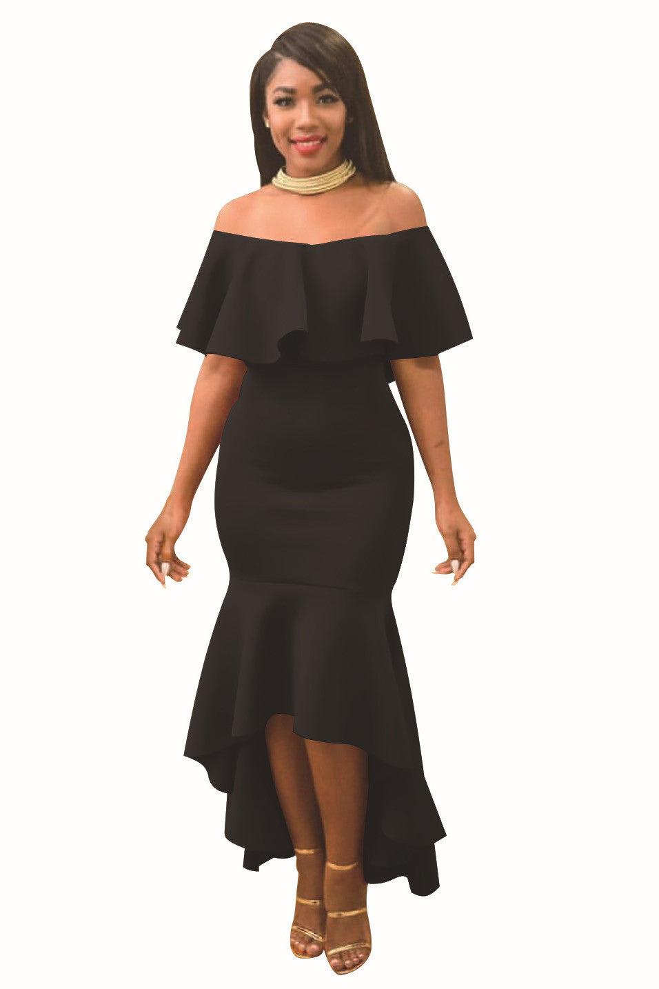 Pure Color Short Sleeves Ruffles Off Shoulder Irregular Dress