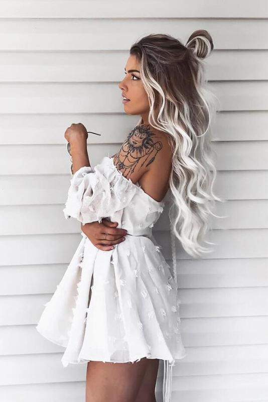 Pure Color Off Shoulder Short Sleeves Short Dress