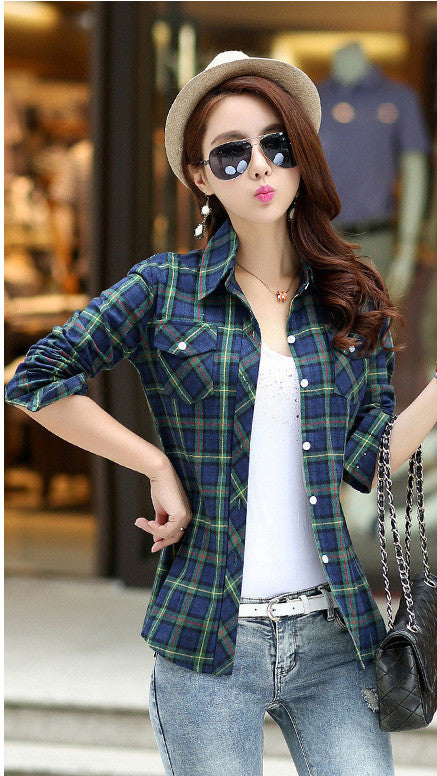 Turn-down Collar Plaid Flower Print Long Sleeves Slim Button Blouse ...