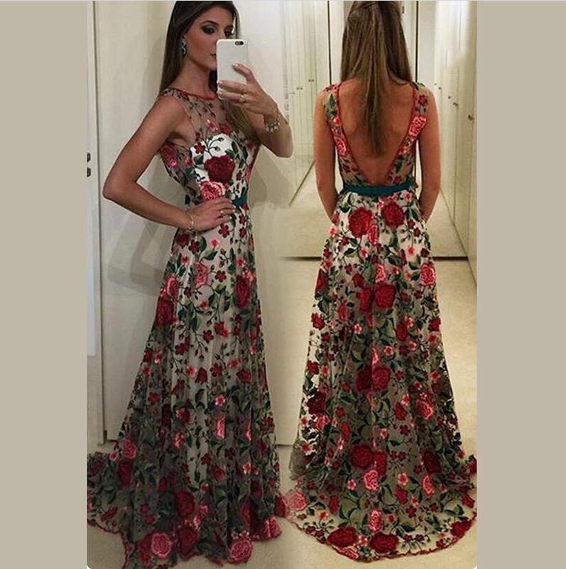 Embroidery Flowers Backless Pleated Long Prom Party Dress
